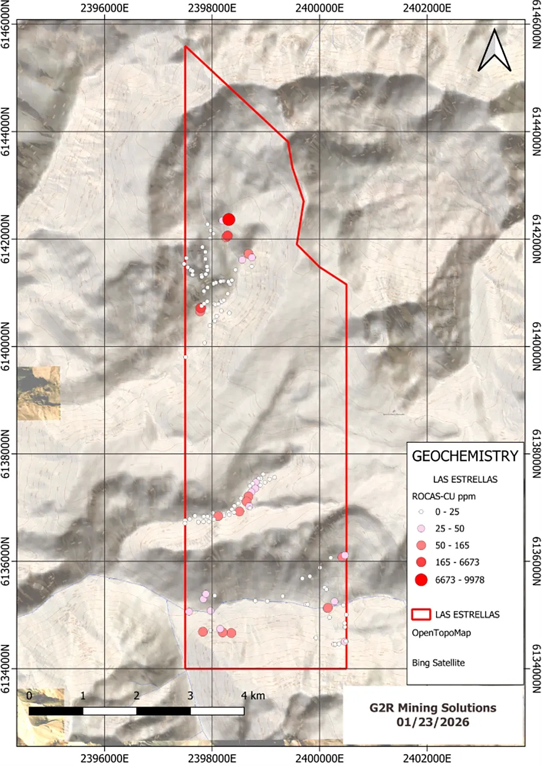 Property-scale copper anomaly map from the December 2025 rock chip program at Las Estrellas