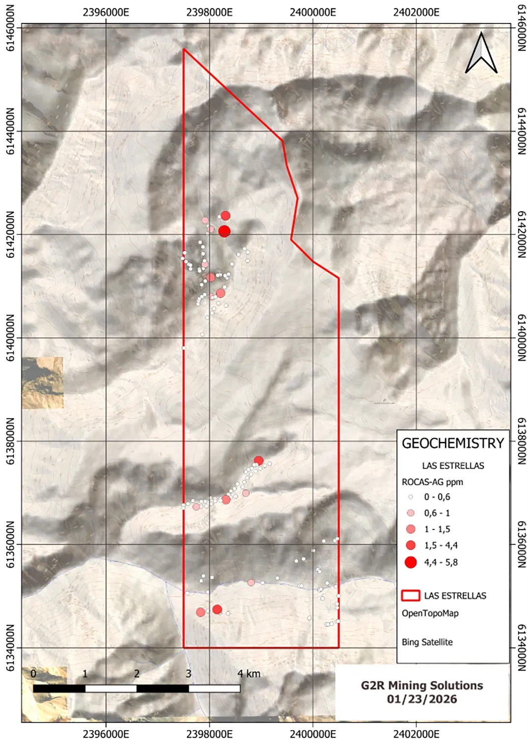 Property-scale silver anomaly map from the December 2025 rock chip program at Las Estrellas