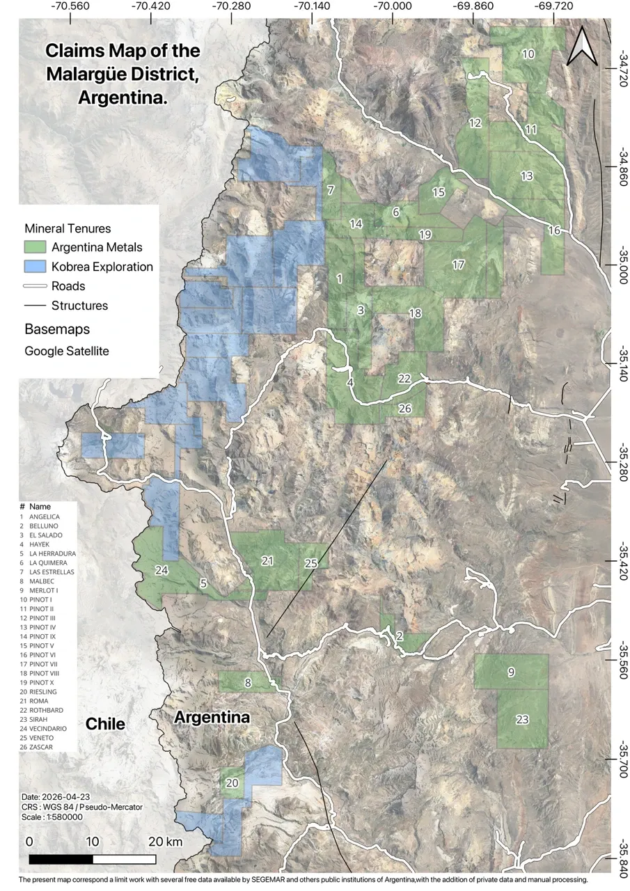 Claims map of the Malargüe District in Mendoza, Argentina, showing Argentina Metals tenures in green alongside neighbouring Kobrea Exploration tenures in blue, across 26 named licenses straddling the Chile–Argentina border.