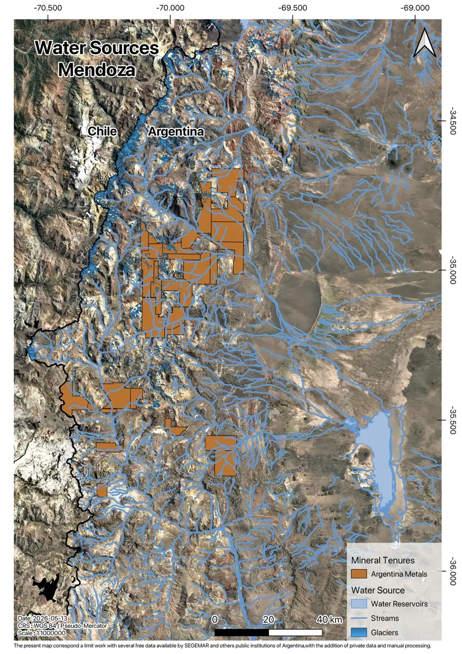 Map of Mendoza Province showing Argentina Metals mineral tenures in orange overlaid on the surrounding water network (streams, water reservoirs, and glaciers) across the Andean cordillera at the Chile–Argentina border.