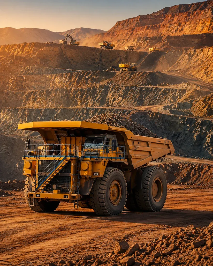 Yellow haul truck on an open-pit mine bench, illustrating the scale of modern copper production